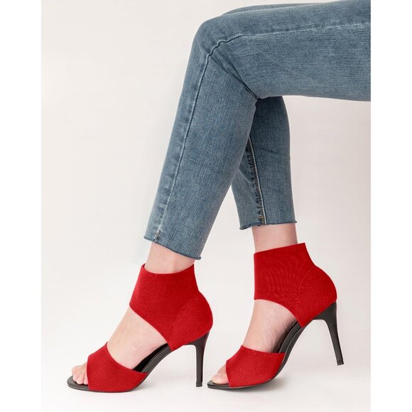 Red 3 Inches Peep Toe Synthetic Stiletto Stretchy Heeled Sandals for Women - Picture 3 of 10